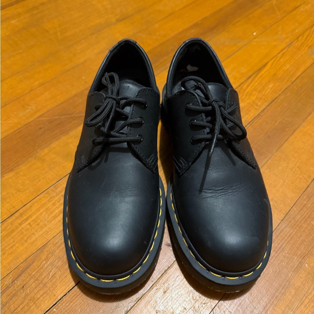 Dr. Martens Black Leather Oxfords with Yellow Stitching